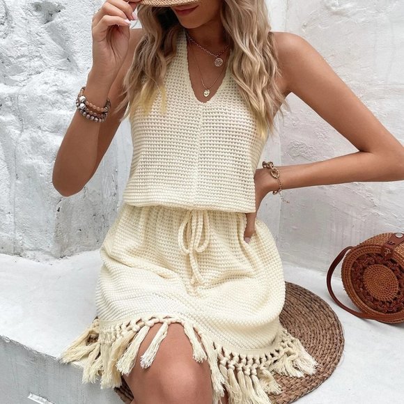 Apricot Boho Womens Fringe Hem Tie Backless Halter Dress - Picture 4 of 5